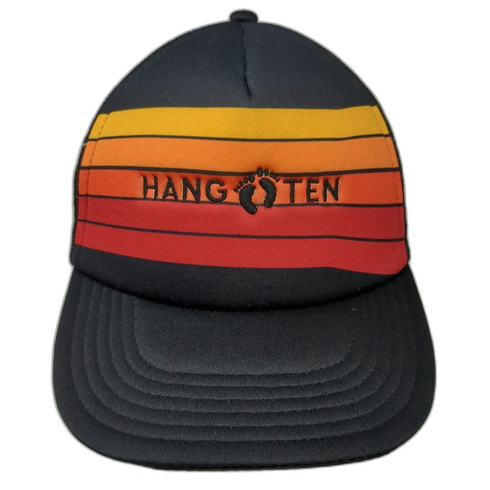 Hang Ten Trucker Hat Black One Size Retro Stripes Mesh Back Snapback Graphic
